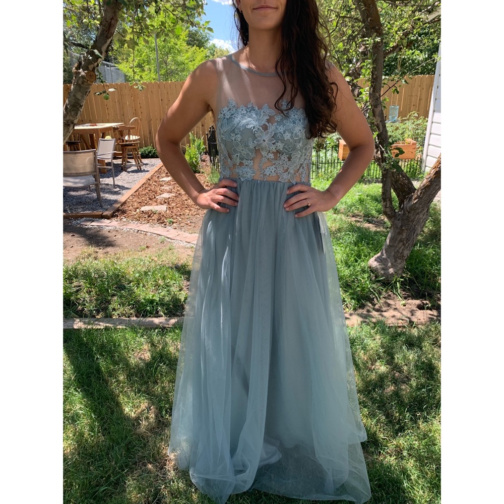 Illusion Lace Boatneck/Tulle Dress Dusty Blue